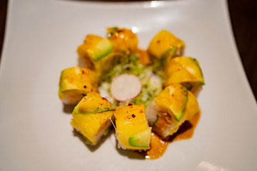 Close up shot of delicious Japanese style sushi