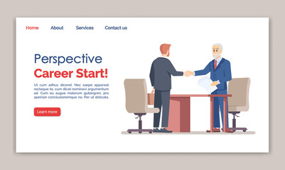 Fototapeta na wymiar Perspective career start landing page vector template. Hiring staff website interface idea with flat illustrations. Recruitment homepage layout. Partners web banner, webpage cartoon concept