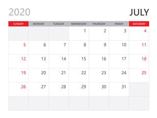 Calendar 2020 template, JULY 2020 year, corporate design planner template. red background