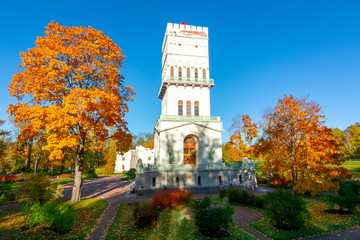 White tower in Alexander park in Tsarskoe Selo in autumn, Pushkin, St. Petersburg, Russia
