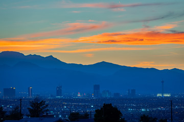 Fototapeta premium Aerial sunset high angle view of the downtown Las Vegas Strip