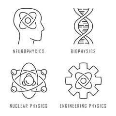 Physics branches linear icons set. Neurophysics, biophysics, engineering and nuclear physics. Human brain. Thin line contour symbols. Isolated vector outline illustrations. Editable stroke