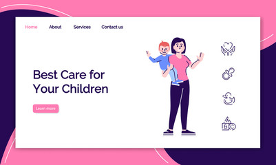 Childcare service landing page  template. Babysitting website interface idea with flat illustrations. Nanny hiring homepage layout. Babysitter child care web banner, webpage cartoon concept