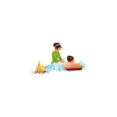 The beautiful young girl receives massage in Spa salon vector illustration in flat cartoon style