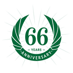 66th years anniversary celebration design. Sixty-six years logotype. Green vector and illustration.