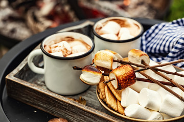 two cup of cocoa or hot chocolate and skewers of roasted marshmallows over campfire. autumn holidays outdoors treats - 292025705