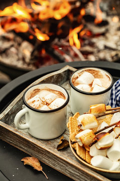 two cup of cocoa or hot chocolate and skewers of roasted marshmallows over campfire. autumn holidays outdoors treats