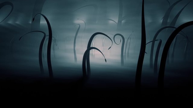 Horror mysterious landscape with strange tentacle field ondulating in the wind on foggy night, blue color. Fixed camera.