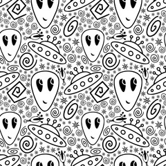 Alien and spaceship seamless pattern. Colorful childish print. Kids textile or wallpaper design.