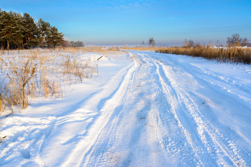 Obraz premium Winter landscape. Winter country road in the background of the forest. Traces of cars in the snow.