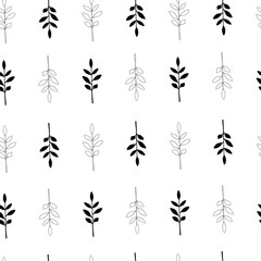 Vector seamless botanical pattern with hand drawn herbs isolated on white background. Endless texture. Wrapping paper, textile fabric print. Cover for planner, notebook. Black and white