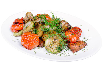 Grilled vegetables with mushrooms isolated on a white background