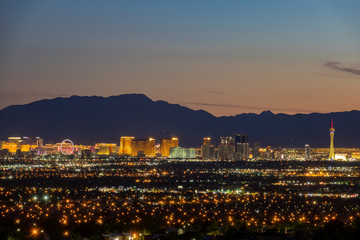 Aerial night high angle view of the downtown Las Vegas Strip