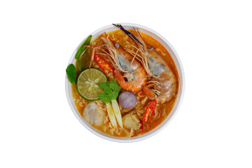 Spicy instant noodles soup with shrimp (tom yum kung) isolated on white background