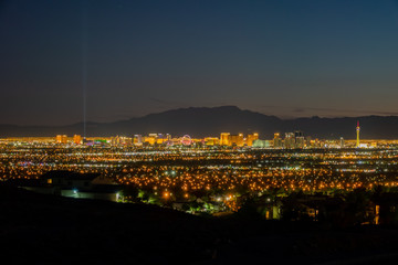 Aerial night high angle view of the downtown Las Vegas Strip