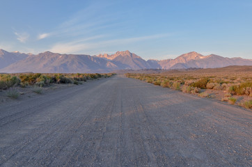 scenic view of eastern Sierra Nevada mountains at sunrise from Whitmore Tubs road (Mono County,...