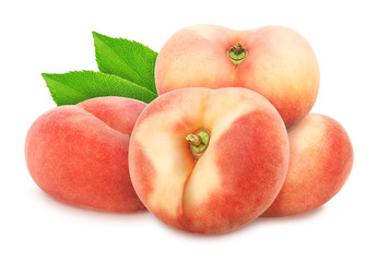Composition with whole freshly picked flat peaches with leaves isolated on white background. As design element.