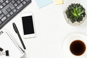 Office desk on white top view.