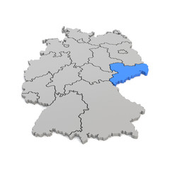 3d Illustation - Deutschlandkarte in grau mit Fokus auf Sachsen in blau - 16 Bundesländer