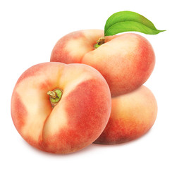 Composition with whole freshly picked flat peaches with leaves isolated on white background. As...