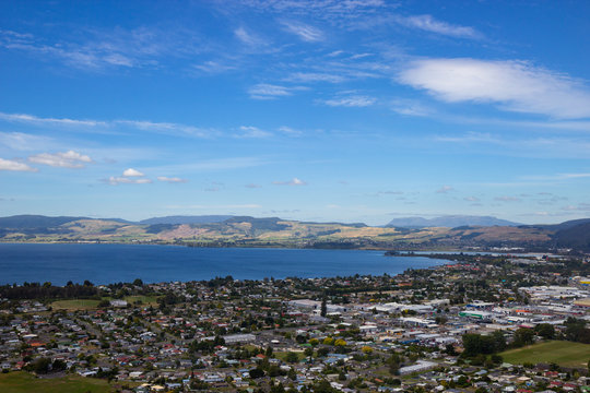 aerial view of Rotorua lake and town