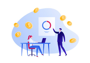 Vector flat business cooperation person illustration. Male with pie chart on poster and woman with laptop on money fall background. Design element for banner, infographics, web