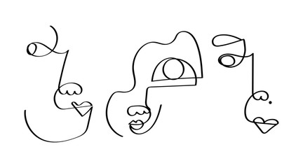 Set of three abstract face one line drawing. Portrait minimalistic style. Fine one line drawing abstract face. One line drawing abstract faces. Modern continuous line art