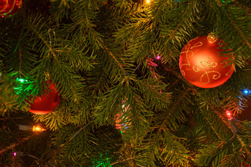 Christmas balls and lights on the Christmas tree