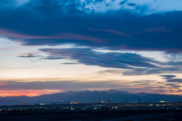 Aerial sunset high angle view of the downtown Las Vegas Strip