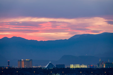 Aerial sunset high angle view of the downtown Las Vegas Strip