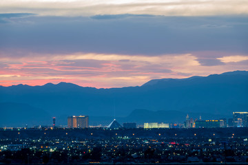 Naklejka na ściany i meble Aerial sunset high angle view of the downtown Las Vegas Strip