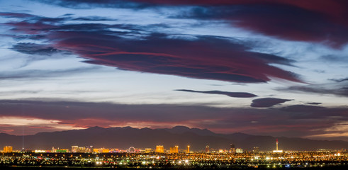 Aerial sunset high angle view of the downtown Las Vegas Strip