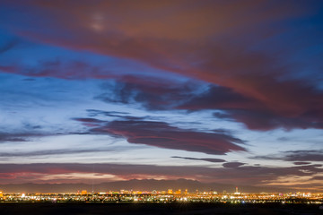 Aerial sunset high angle view of the downtown Las Vegas Strip