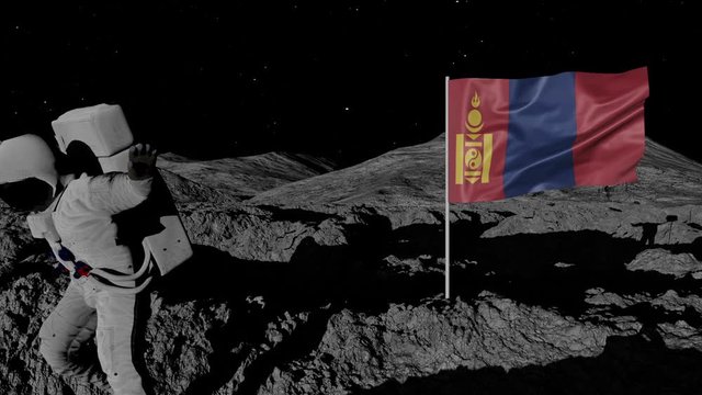 astronaut planting Mongolia flag on the moon.