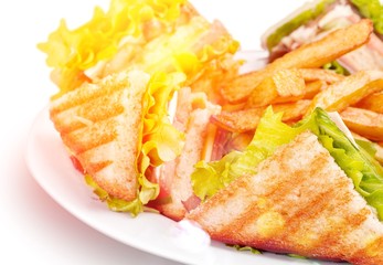 Grilled sandwiches with french fries on white plate