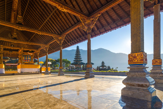 Ulun Danu Bratan Temple in Bali. It is one of the most popular of tourist attraction. Indonesia. Hindu architecture landscape background of travel trip and holidays vacation in Indonesia.