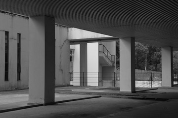 the underground spacing of a modern library building, shot in monochrome format