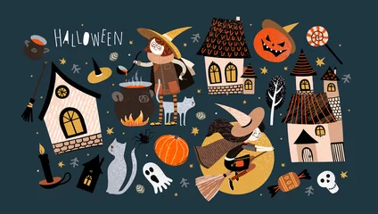 Fotobehang Happy Halloween! Set of objects: a cute witch on a broomstick, a witch makes a potion, a castle, a house, a pumpkin, a pet cat, a tree, a ghost. © Ardea-studio