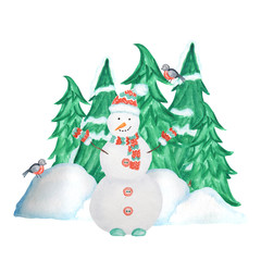 Watercolor Decorative Christmas tree in winter with snow, Snowman and Bullfinch bird couple and snowdrifts. Front view, arrow head. Greeting card, poster concept with copy space for text.
