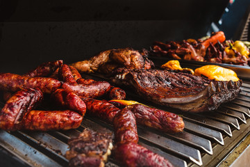 Gluttony harmful fatty foods - fried ribs, pork and grilled sausages - fried high-calorie