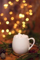 Fototapeta na wymiar Cacao drink in a glass with marshmallow on the background of bokeh lights, Christmas drink