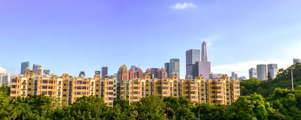 a merged panorama of downtown apartments in shenzhen china