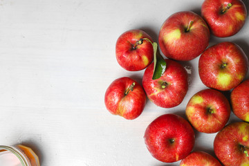 Apples top view on wooden table 