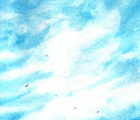 Flying seagull in the blue sky. Black bird. Watercolor painted sky with clouds art birds. Blue background