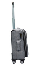 Gray travel bag on wheels on a white background, isolated.