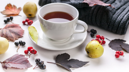 Ceramic teacup on white served table. Herbal tea in porcelain mug with saucer. Knitted sweater, sorb branch, leaves flat lay. Hot autumn season beverage. British breakfast concept