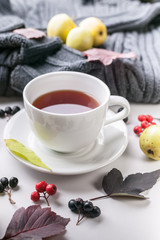 Ceramic teacup on white served table. Herbal tea in porcelain mug with saucer. Knitted sweater, sorb branch, leaves flat lay. Hot autumn season beverage. British breakfast concept. Vertical shot