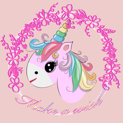 Unicorn illustration drawing with rainbow writing Dreamer. Unicorn's head cartoon