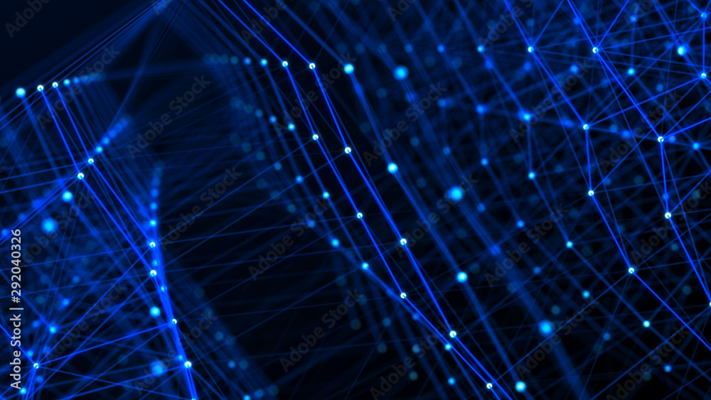 Poster Glowing digital tunnel. Abstract connection of dots and lines on dark background. Concept of network, internet communication. 3D