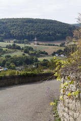 View of the Neckar valley from the Hornberg Castle above the village Neckarzimmern, Germany 